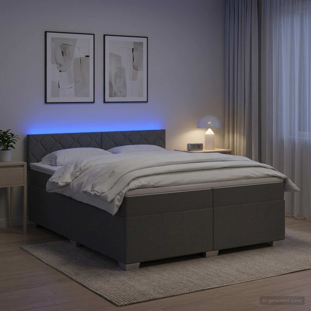 vidaXL Boxspring säng med madrass och LED Mörkgrå 200 x 200 cm Tyg