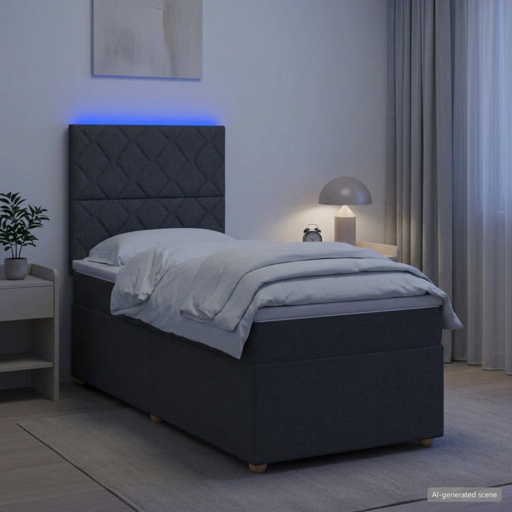 vidaXL LED sängram med madrass med huvudgavel Mörkgrå 90 x 190 cm Tyg