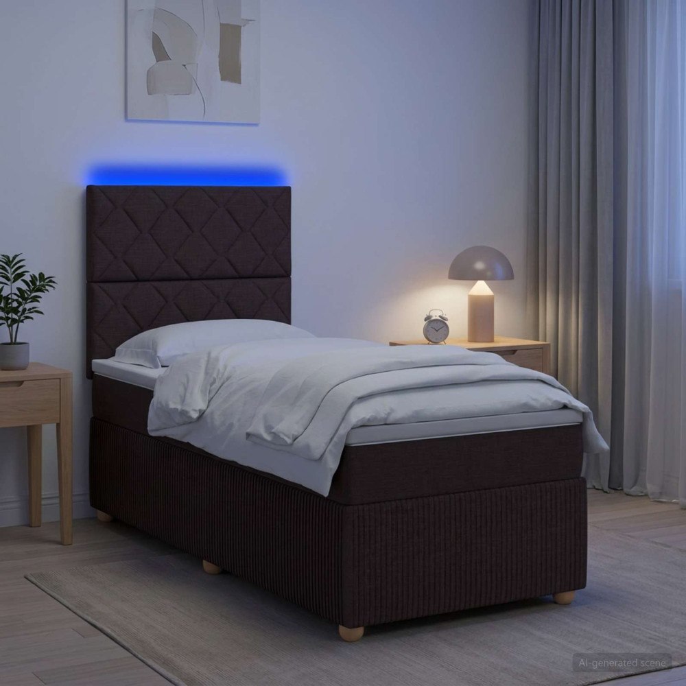 vidaXL LED sängram med madrass med huvudgavel Mörkbrun 90 x 200 cm Tyg
