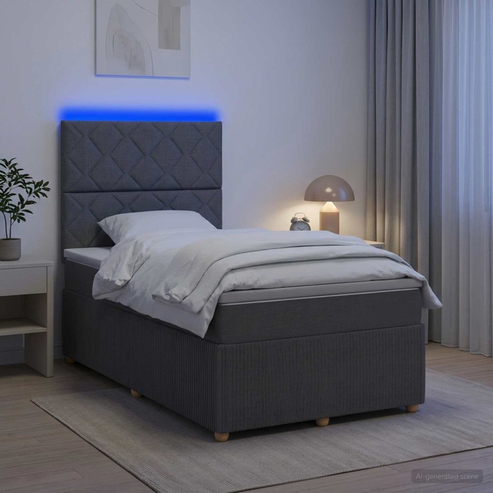 vidaXL LED sängram med madrass med huvudgavel Mörkgrå 120 x 200 cm Tyg