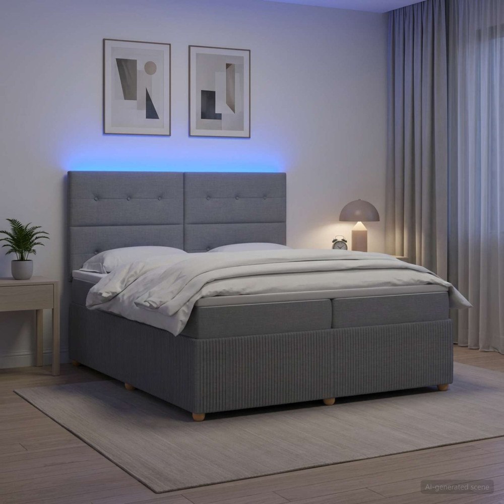vidaXL LED sängram med madrass med huvudgavel Ljusgrå 200 x 200 cm Tyg
