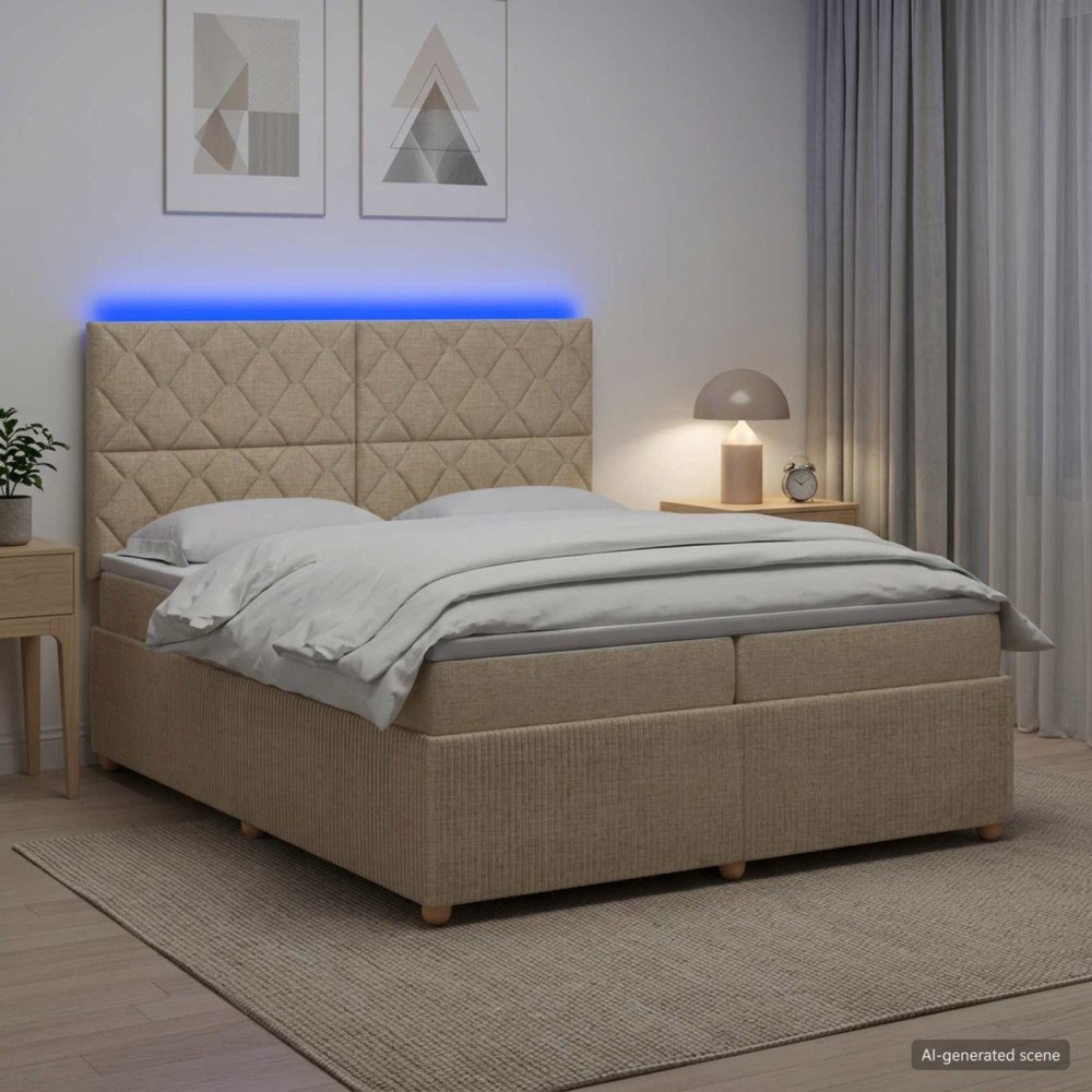 vidaXL LED sängram med madrass Gräddvit 200 x 200 cm Tyg