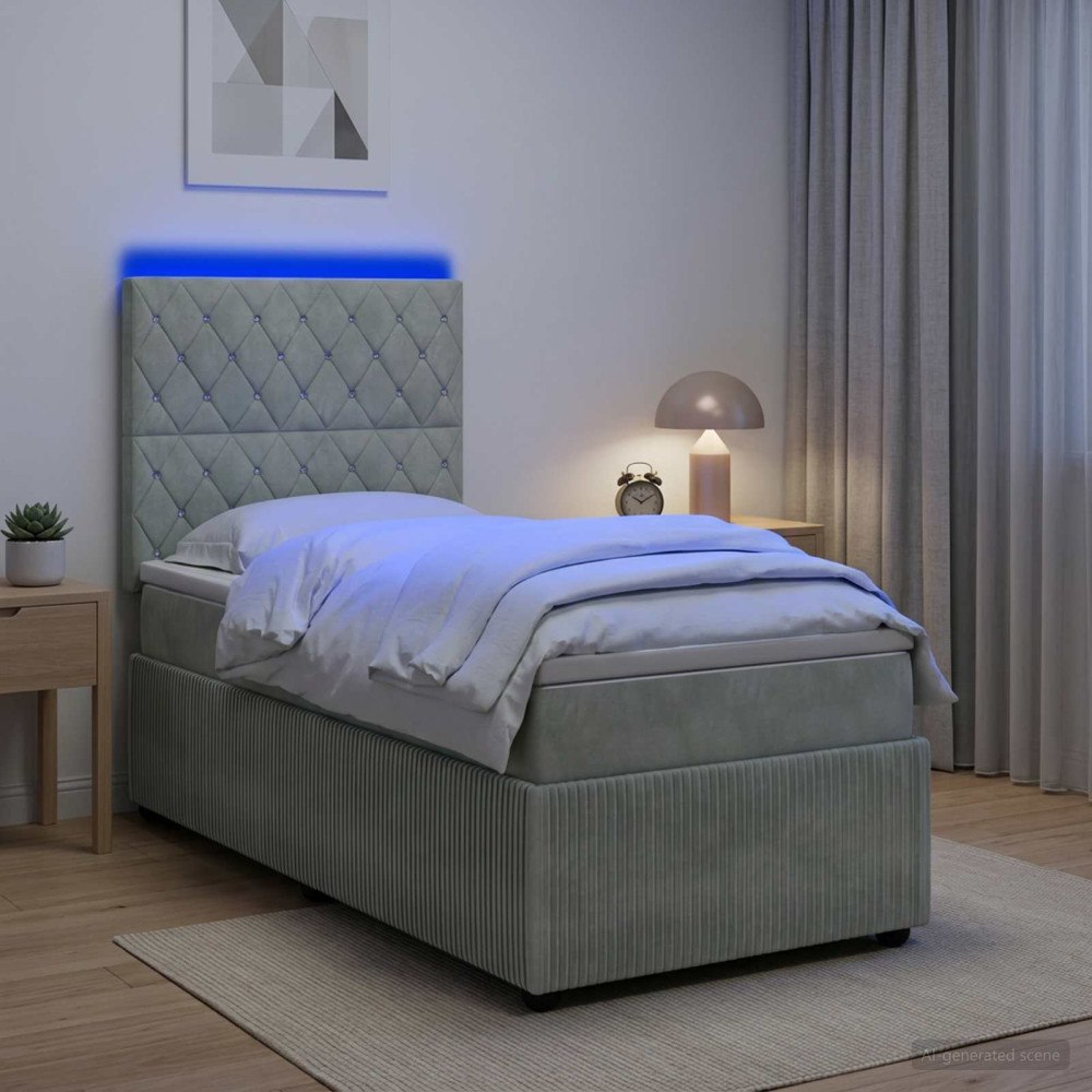 vidaXL LED sängram med madrass Ljusgrå 90 x 190 cm Sammet