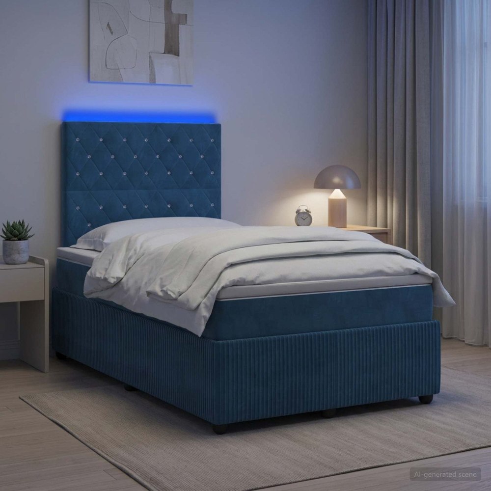 vidaXL LED sängram med madrass med huvudgavel Blå 120 x 200 cm Sammet