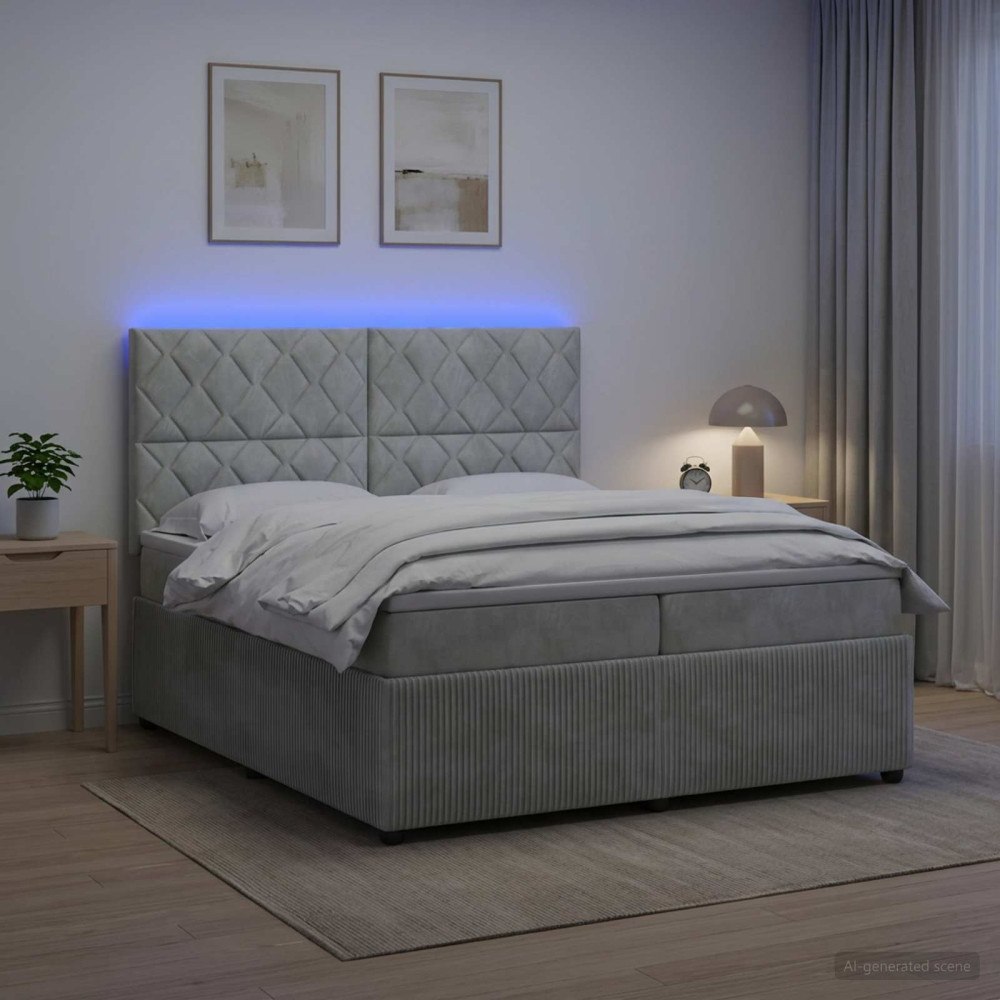 vidaXL LED sängram med madrass Ljusgrå 200 x 200 cm Sammet