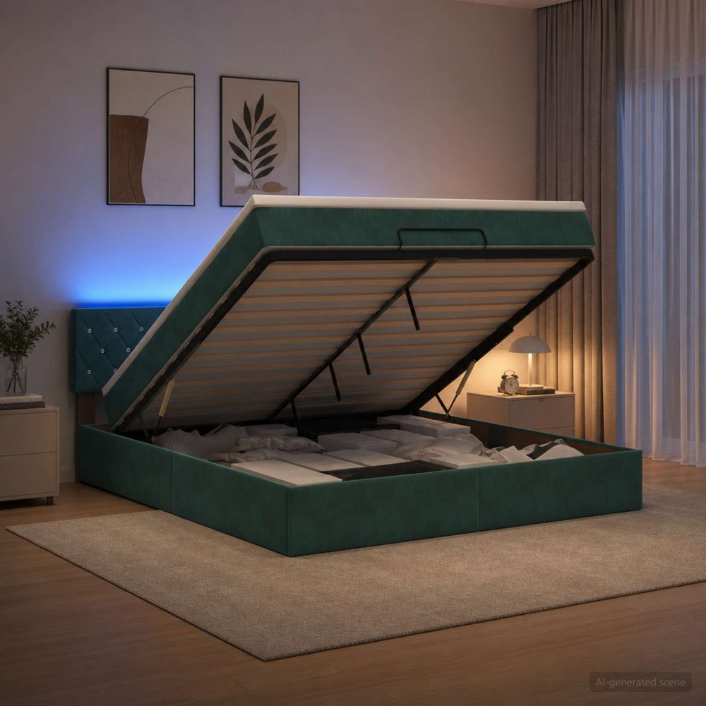 vidaXL Ottoman-säng med madrass och LED Mörkgrön 180 x 200 cm Sammet