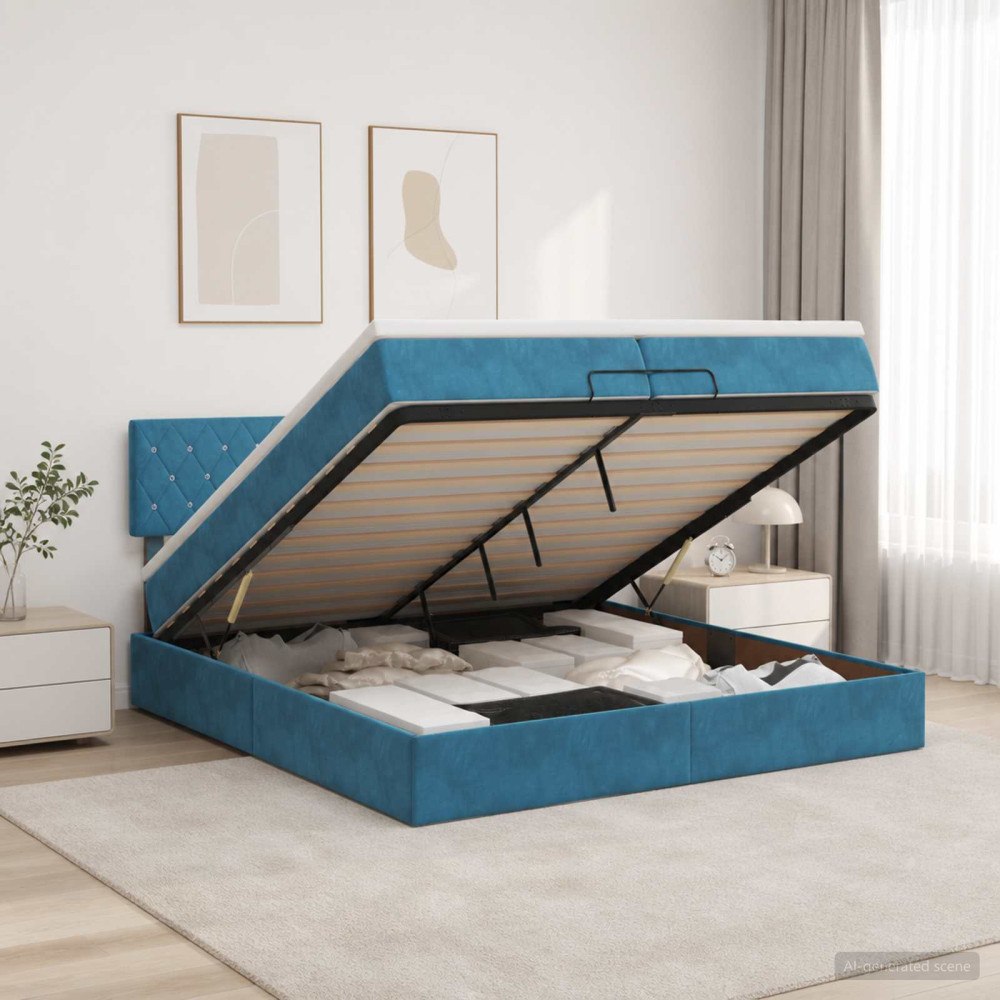 vidaXL Ottoman-säng med madrass och LED Mörkblå 200 x 200 cm Sammet