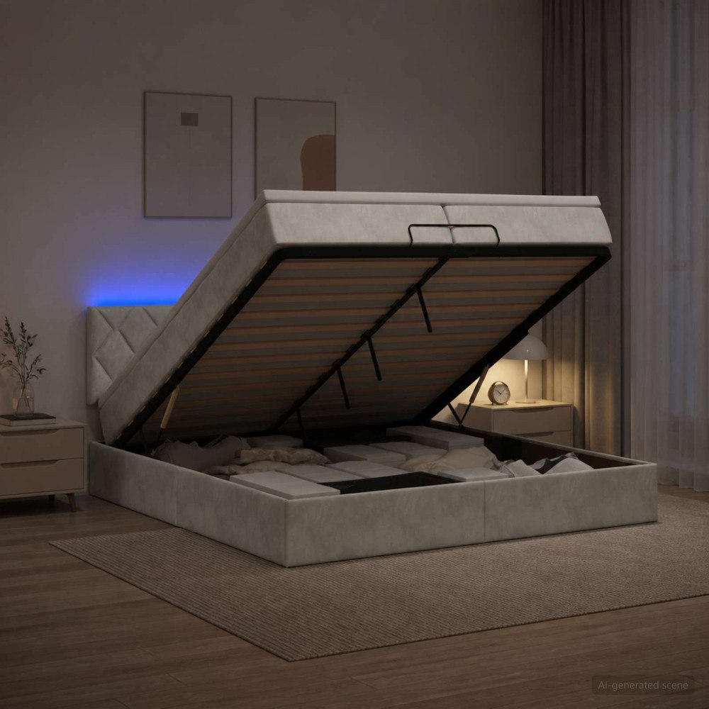 vidaXL Ottoman-säng med madrass och LED Ljusgrå 200 x 200 cm Sammet
