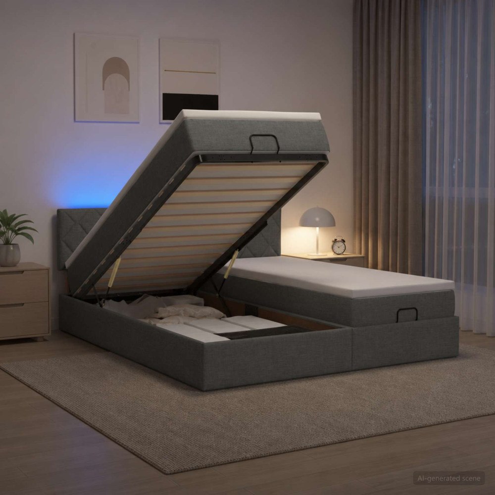 vidaXL Ottoman-säng med madrass och LED Mörkgrå 200 x 200 cm Tyg