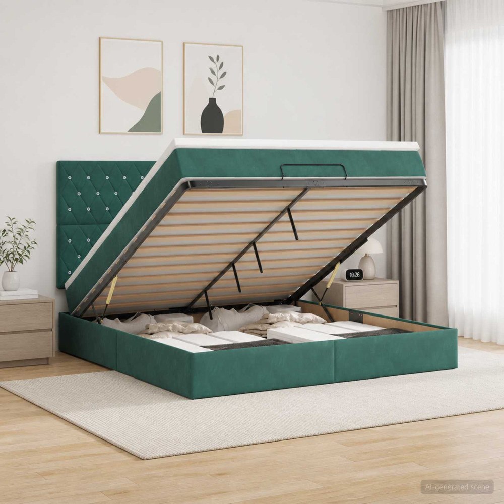 vidaXL Ottoman säng med madrass Mörkgrön 180 x 200 cm Sammet