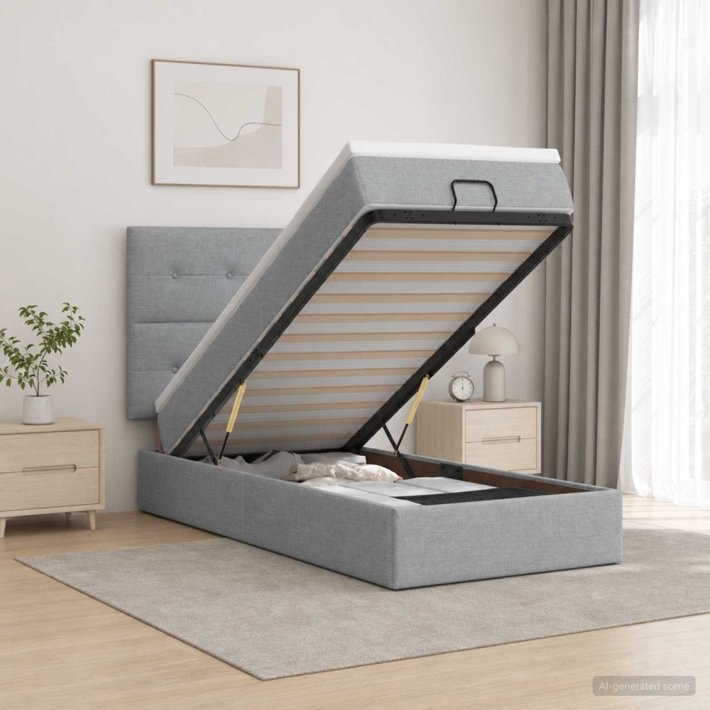 vidaXL Ottoman-säng med madrass och LED Ljusgrå 100 x 200 cm Tyg