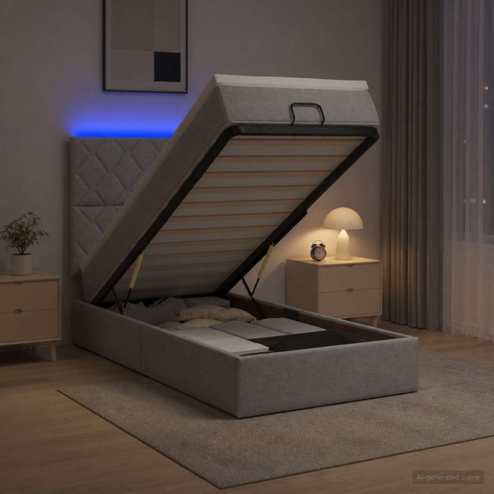 vidaXL Ottoman-säng med madrass och LED Ljusgrå 90 x 200 cm Tyg