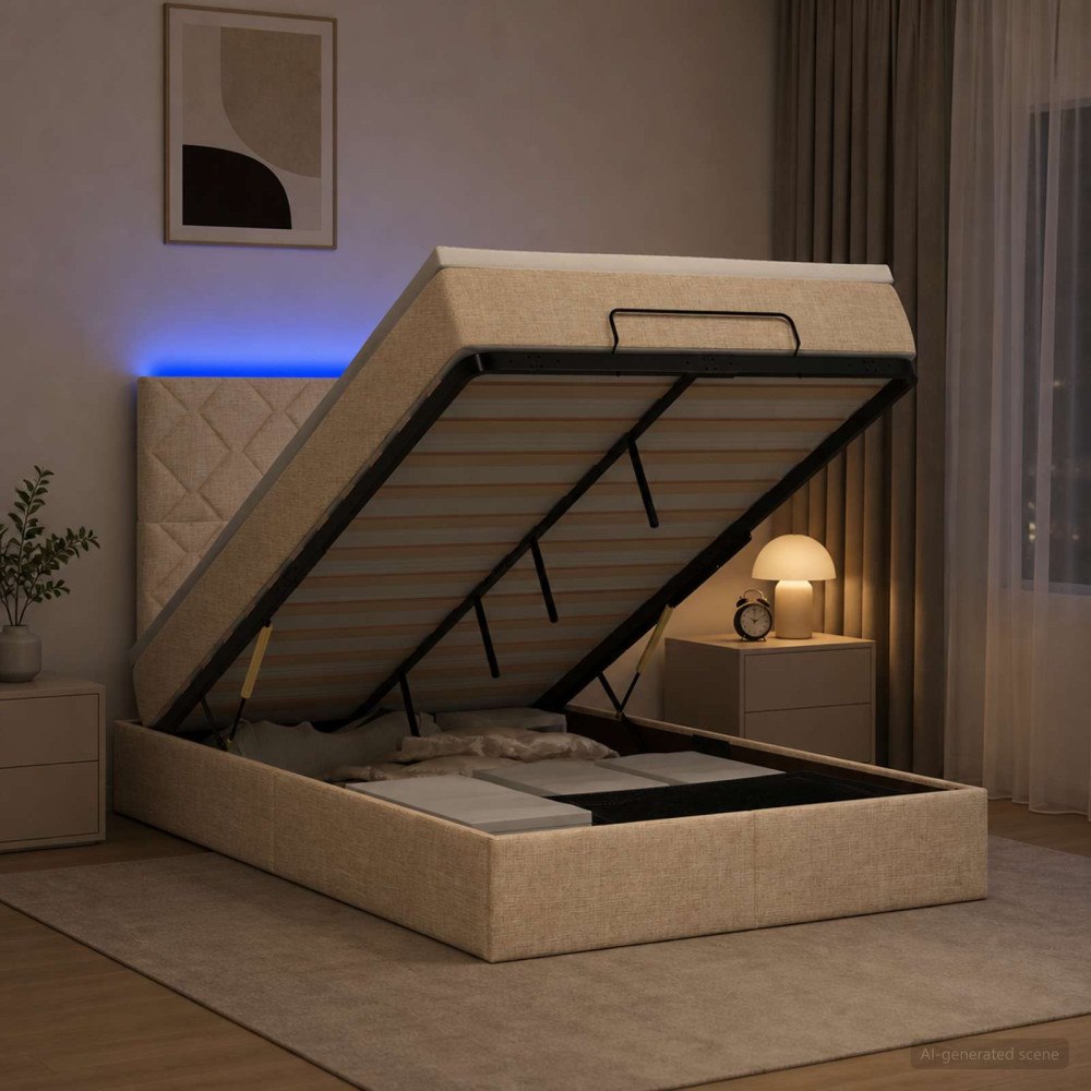 vidaXL Ottoman-säng med madrass och LED Gräddvit 120 x 190 cm Tyg