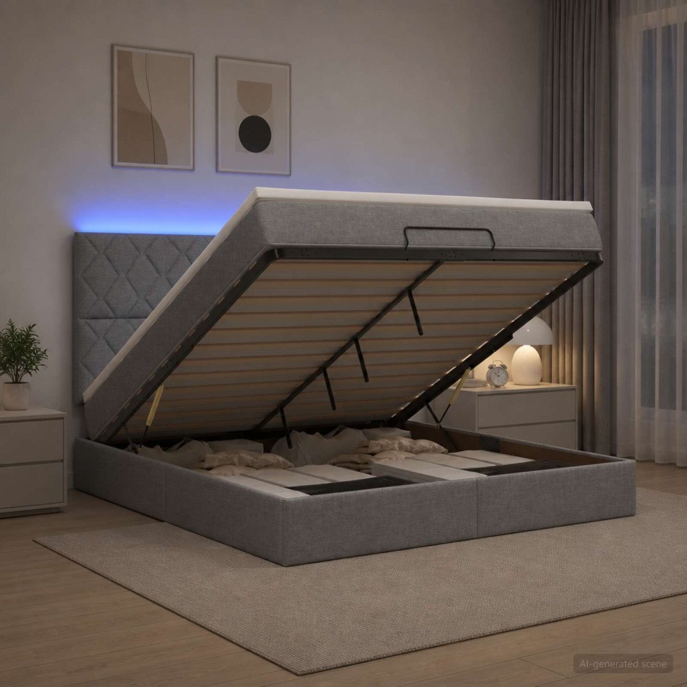 vidaXL Ottoman-säng med madrass och LED Ljusgrå 140 x 190 cm Tyg