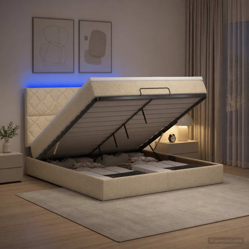 vidaXL Ottoman-säng med madrass och LED Gräddvit 180 x 200 cm Tyg