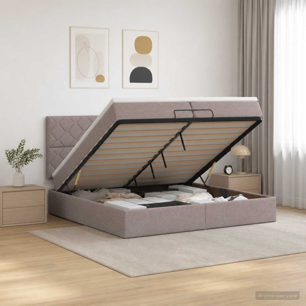 vidaXL Ottoman-säng med madrass och LED Taupe 200 x 200 cm Tyg