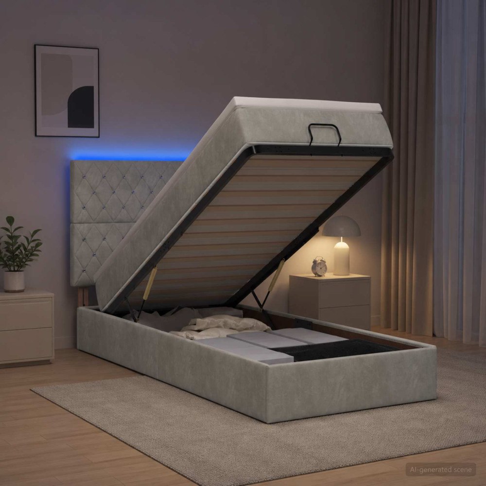 vidaXL Ottoman-säng med madrass och LED Ljusgrå 90 x 190 cm Sammet