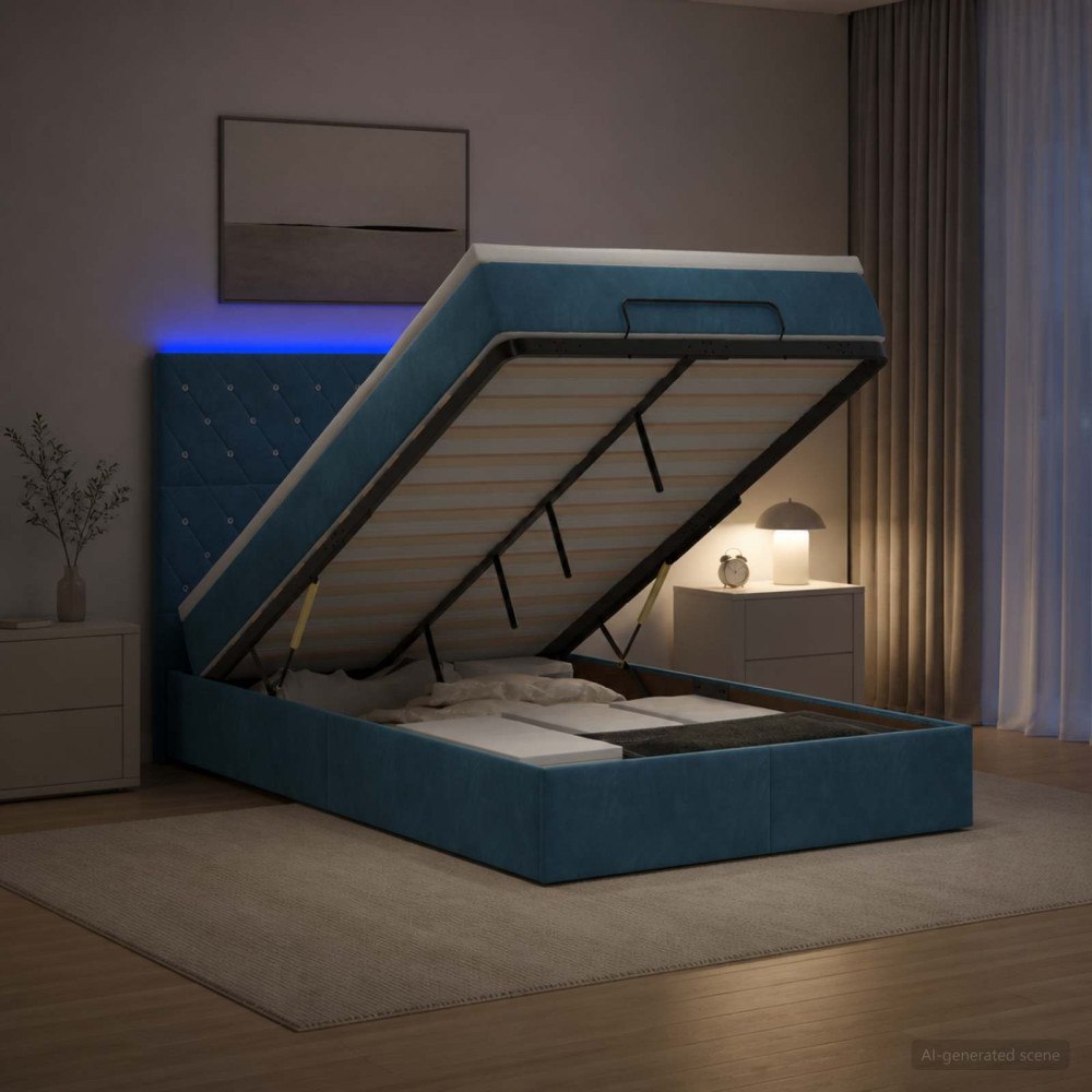 vidaXL Ottoman-säng med madrass och LED Mörkblå 120 x 200 cm Sammet