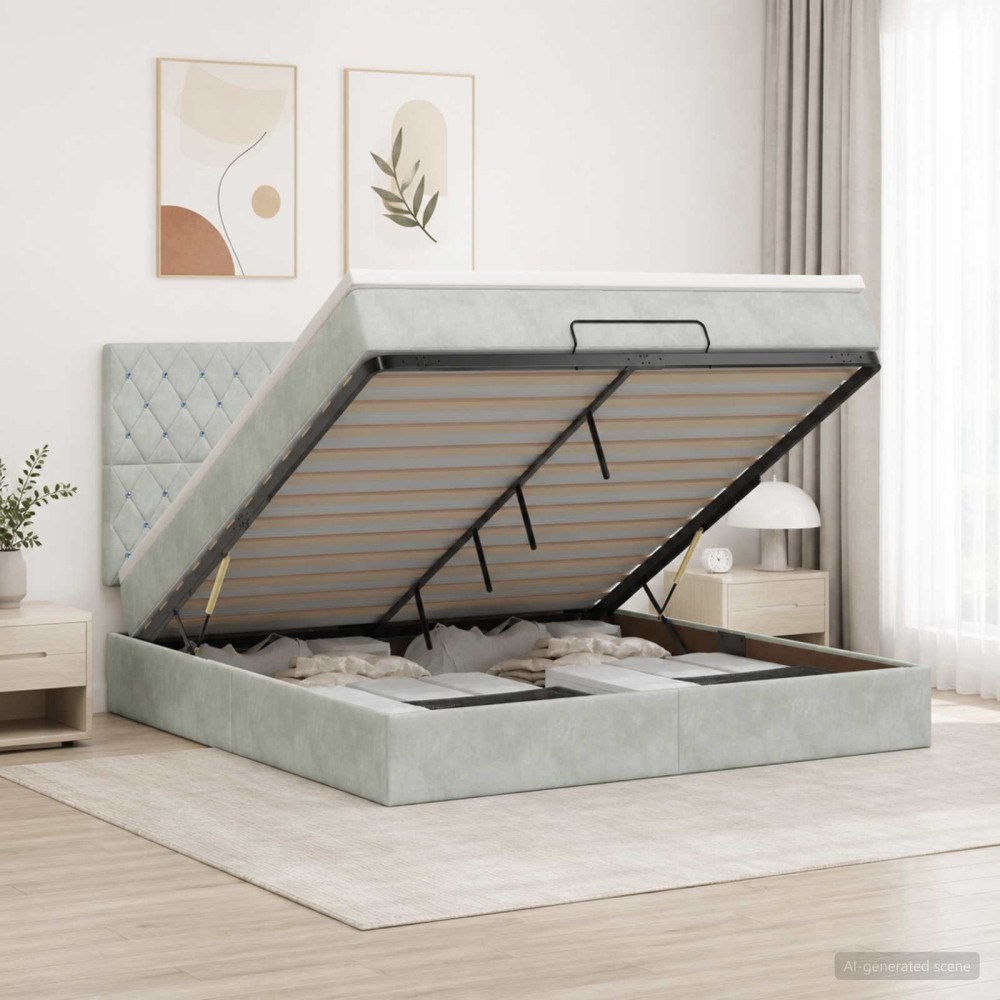 vidaXL Ottoman-säng med madrass och LED Ljusgrå 180 x 200 cm Sammet