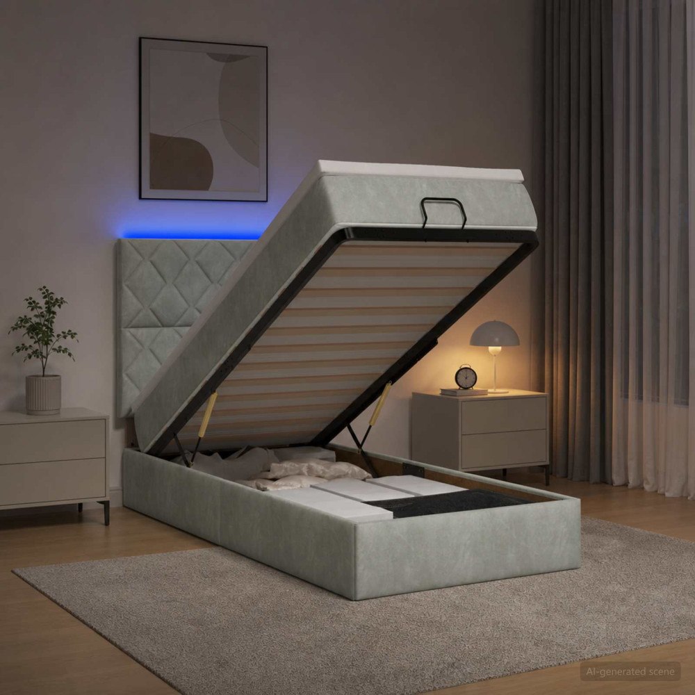 vidaXL Ottoman-säng med madrass och LED Ljusgrå 80 x 200 cm Sammet