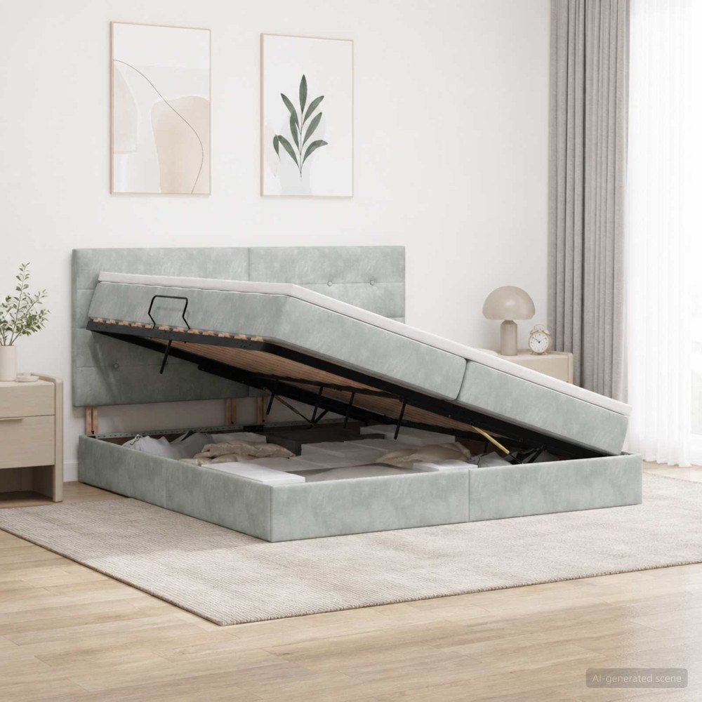 vidaXL Ottoman-säng med madrass och LED Ljusgrå 200 x 200 cm Sammet