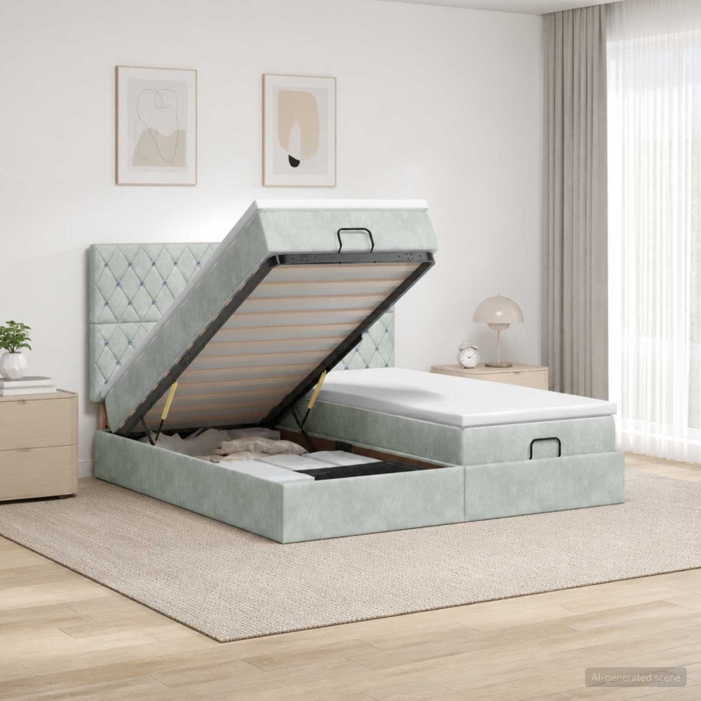 vidaXL Ottoman-säng med madrass och LED Ljusgrå 180 x 200 cm Sammet