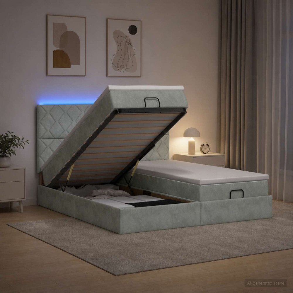 vidaXL Ottoman-säng med madrass och LED Ljusgrå 160 x 200 cm Sammet