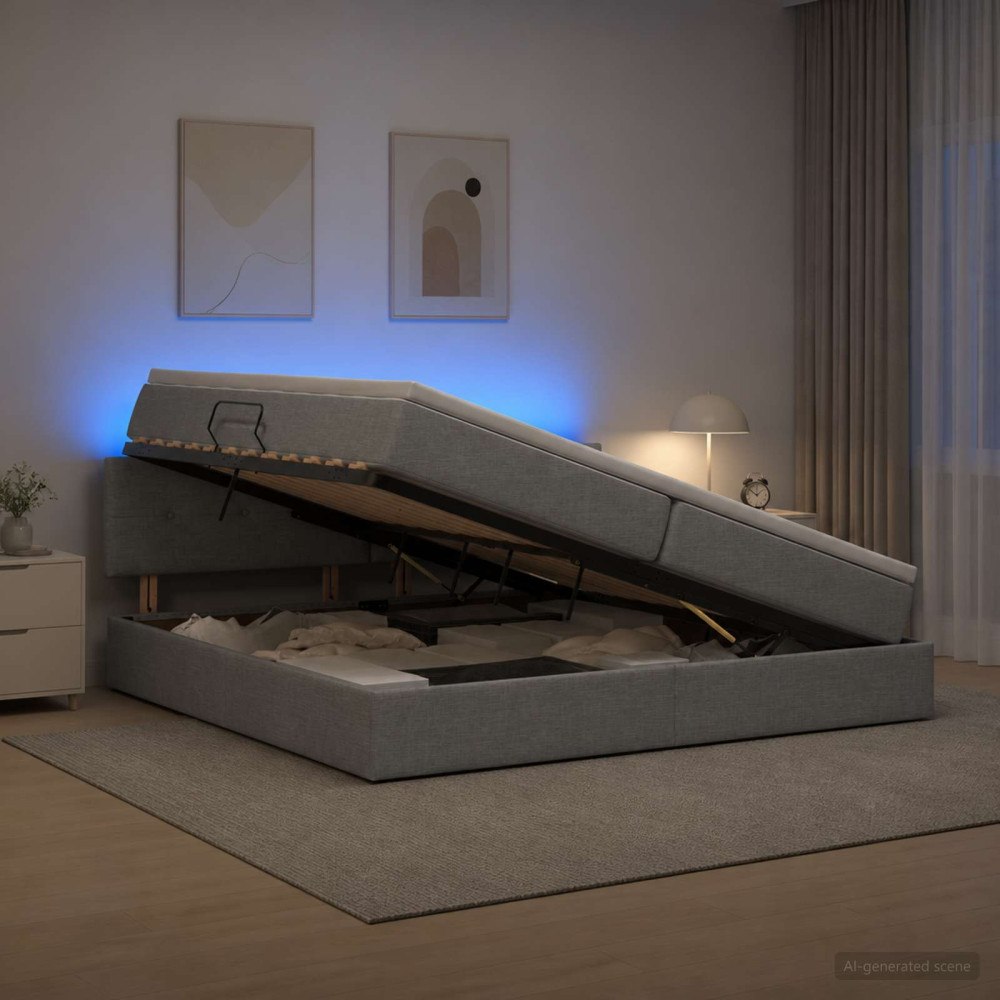 vidaXL LED förvaringssäng med madrass Ljusgrå 200 x 200 cm Tyg