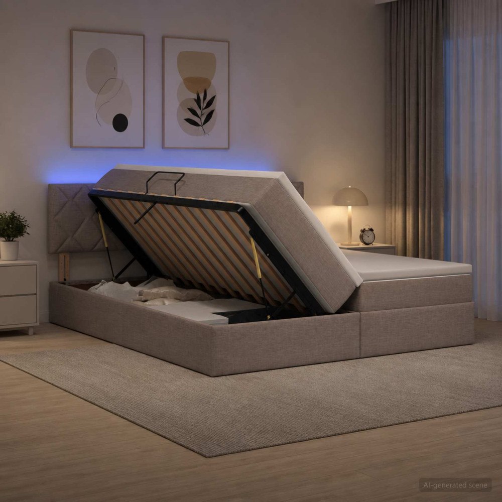 vidaXL LED förvaringssäng med madrass Taupe 200 x 200 cm Tyg