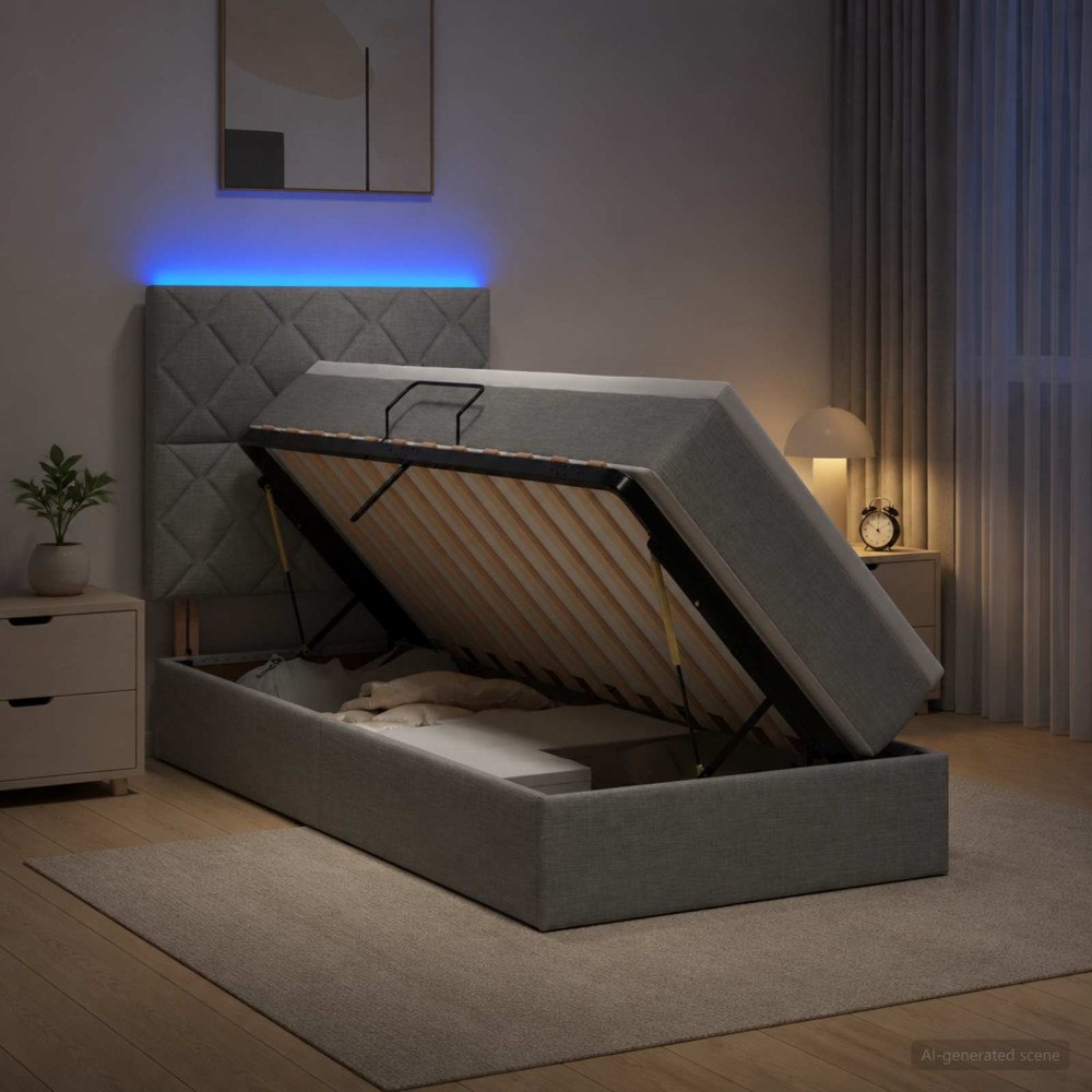 vidaXL LED förvaringssäng med madrass Ljusgrå 90 x 200 cm Tyg