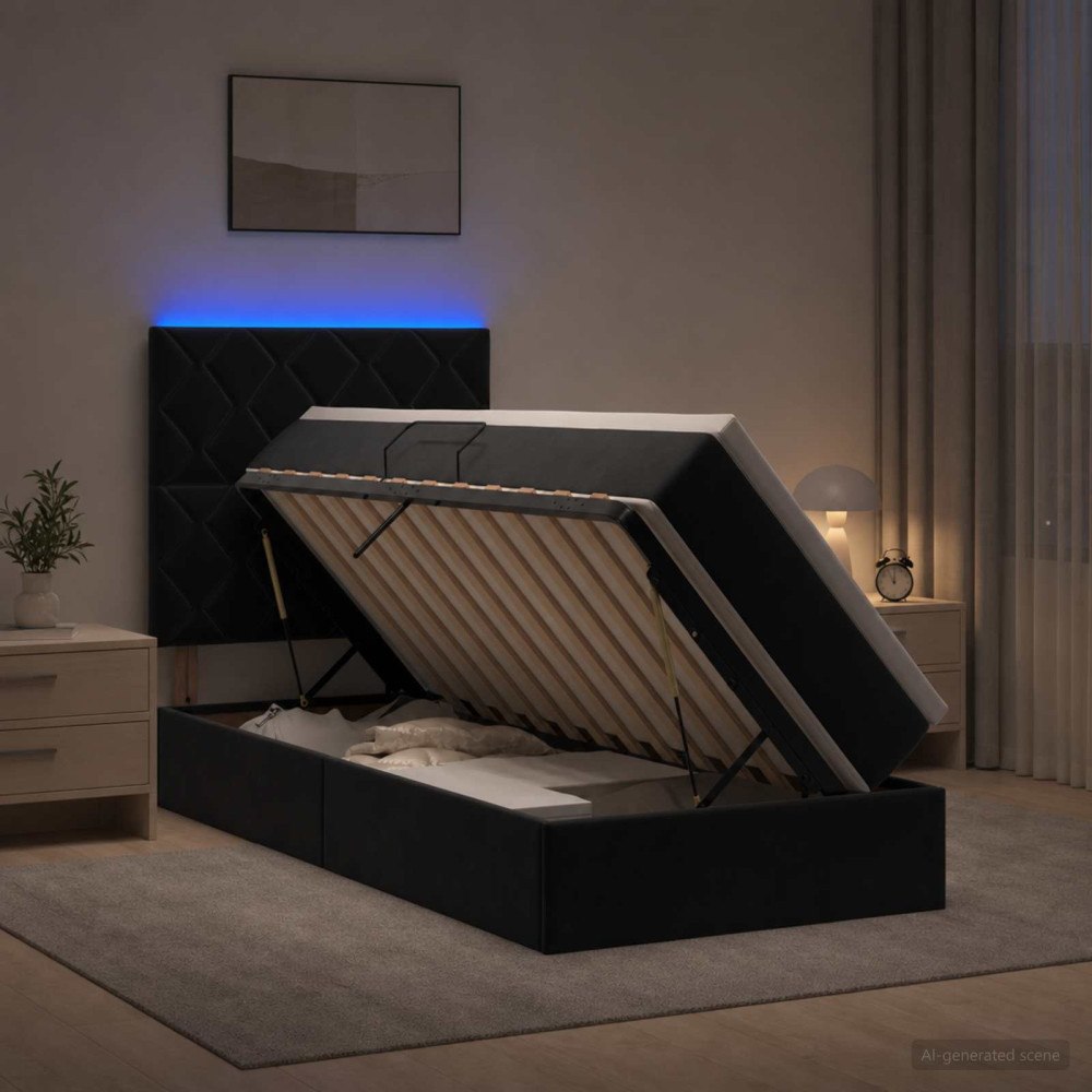 vidaXL LED förvaringssäng med madrass Svart 100 x 200 cm Sammet