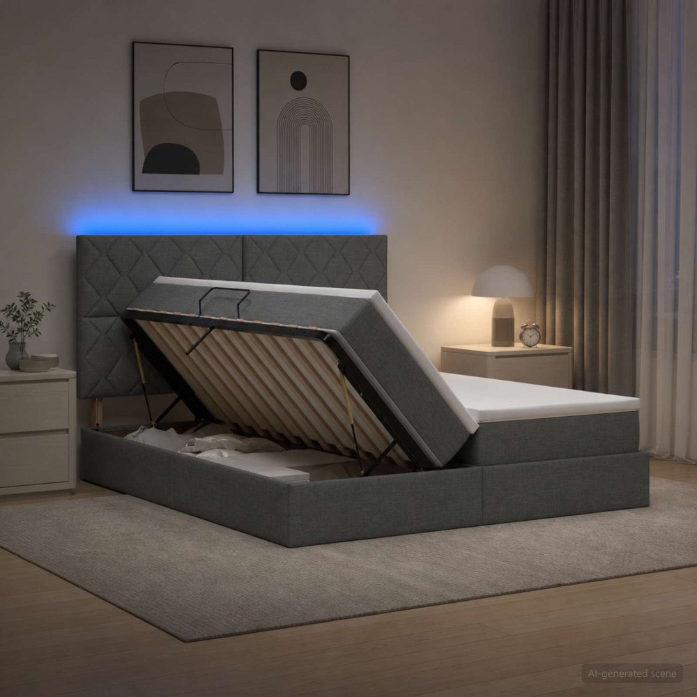 vidaXL LED förvaringssäng med madrass Mörkgrå 200 x 200 cm Tyg