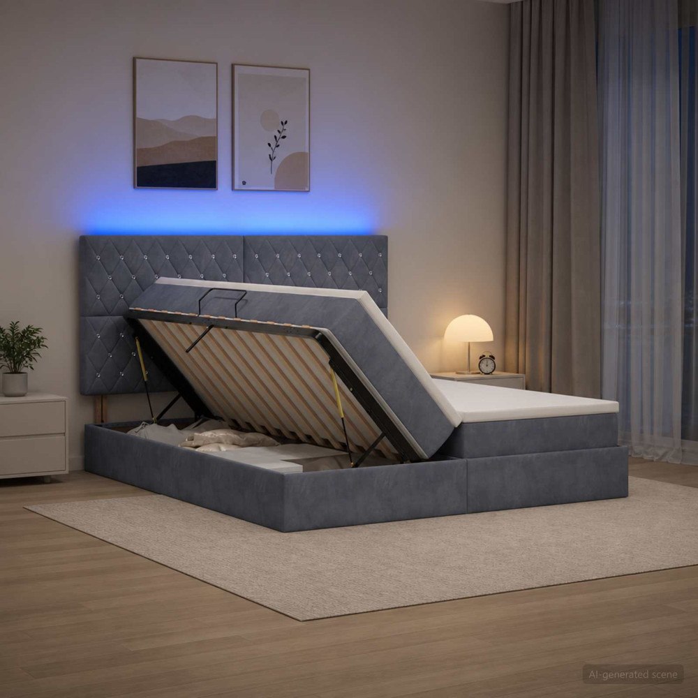 vidaXL LED förvaringssäng med madrass Mörkgrå 180 x 200 cm Sammet