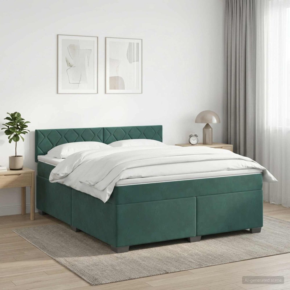 vidaXL Boxspring säng med madrass och LED Mörkgrön 160 x 200 cm Sammet