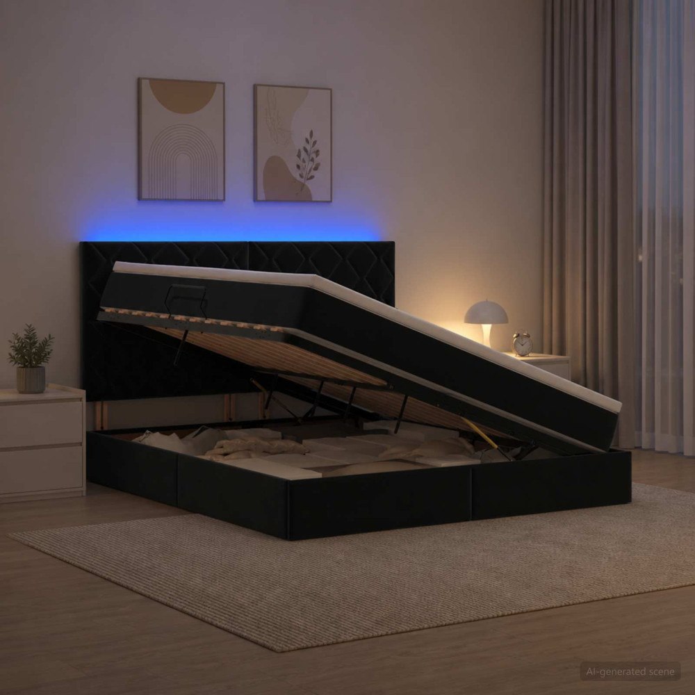 vidaXL LED förvaringssäng med madrass Svart 160 x 200 cm Sammet