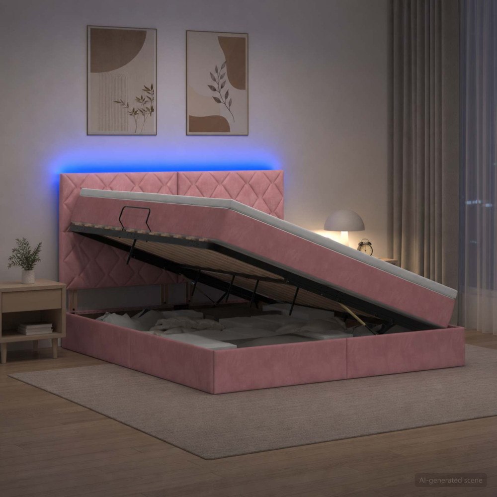 vidaXL LED förvaringssäng med madrass Rosa 160 x 200 cm Sammet
