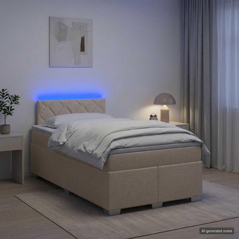 vidaXL Boxspring säng med madrass och LED Gräddvit 120 x 190 cm Tyg