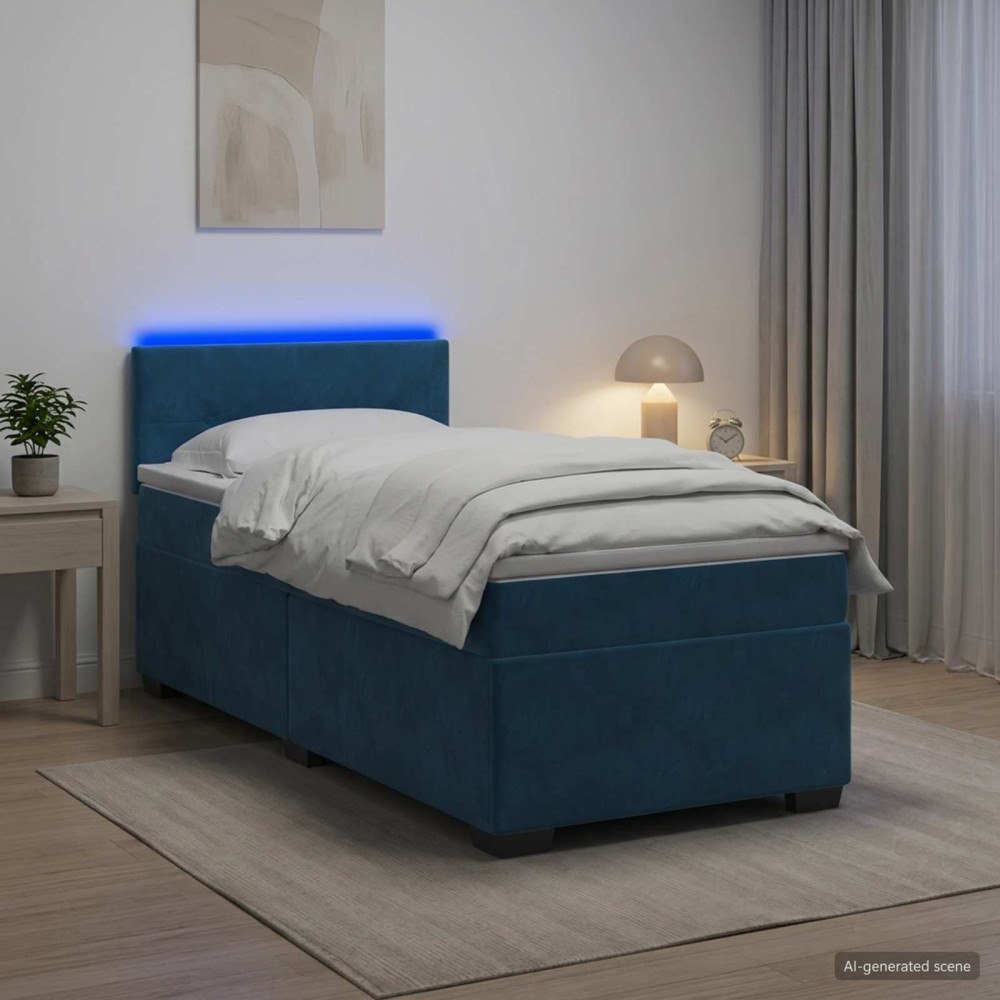 vidaXL Boxspring säng med madrass och LED Blå 100 x 200 cm Sammet