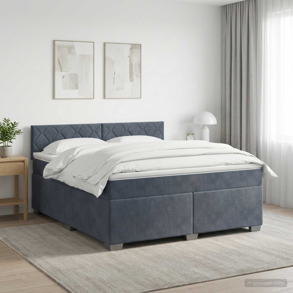 vidaXL Boxspring säng med madrass och LED Mörkgrå 140 x 200 cm Sammet