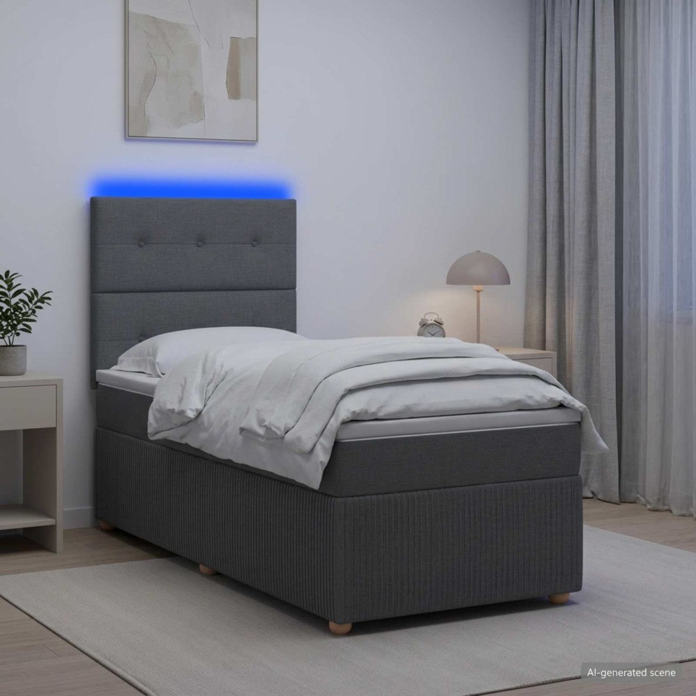 vidaXL LED sängram med madrass med huvudgavel Mörkgrå 90 x 190 cm Tyg