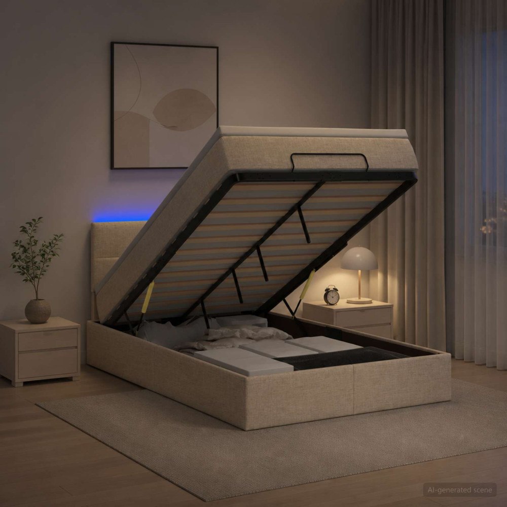 vidaXL Ottoman-säng med madrass och LED Gräddvit 120 x 190 cm Tyg