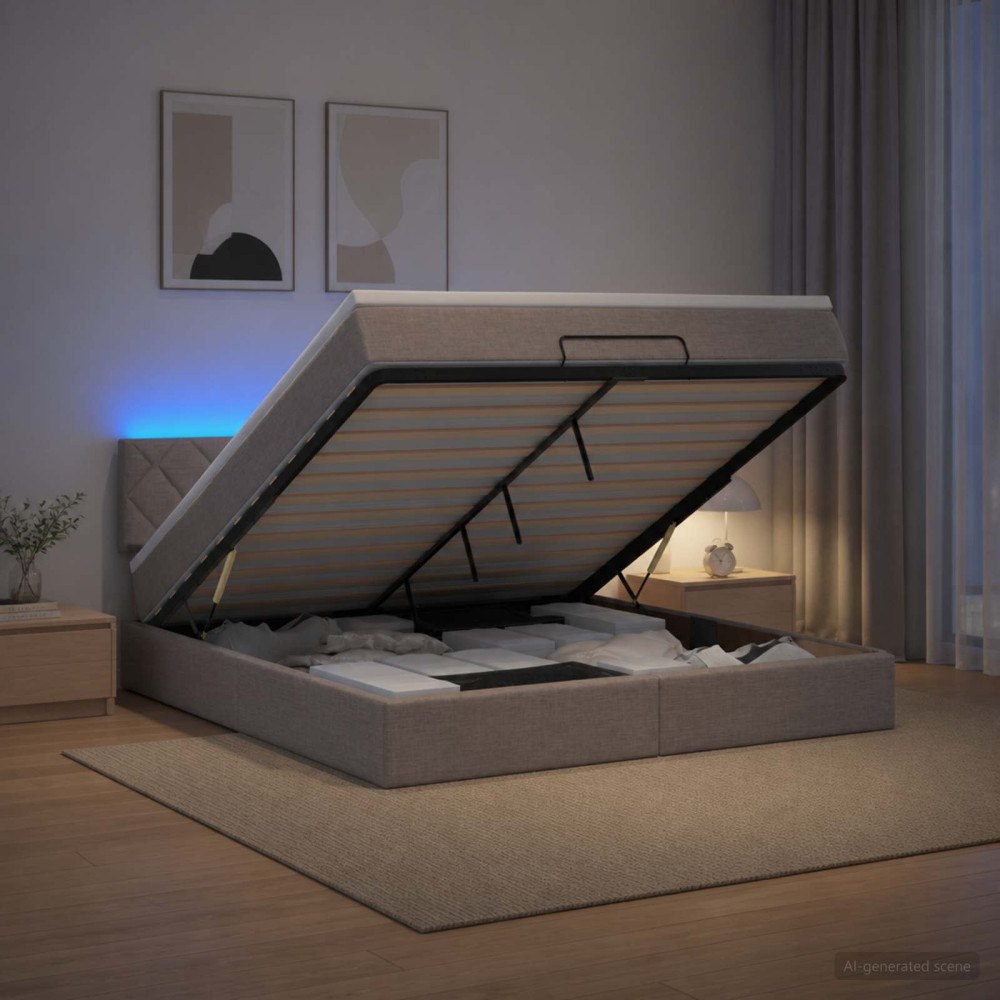 vidaXL Ottoman-säng med madrass och LED Taupe 140 x 190 cm Tyg