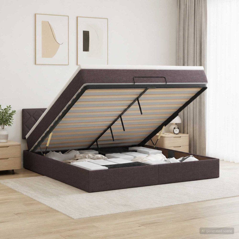 vidaXL Ottoman-säng med madrass och LED Mörkbrun 140 x 200 cm Tyg