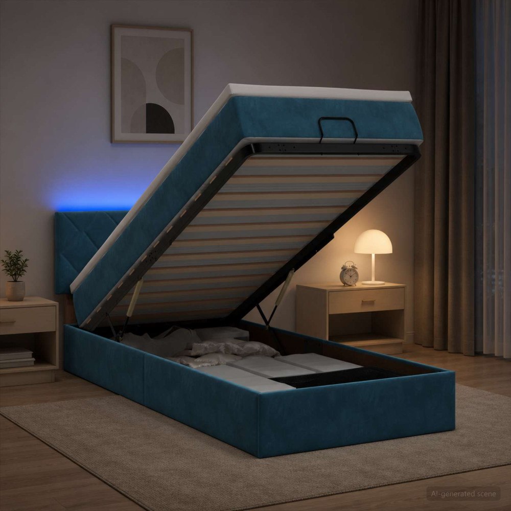 vidaXL Ottoman-säng med madrass och LED Mörkblå 100 x 200 cm Sammet