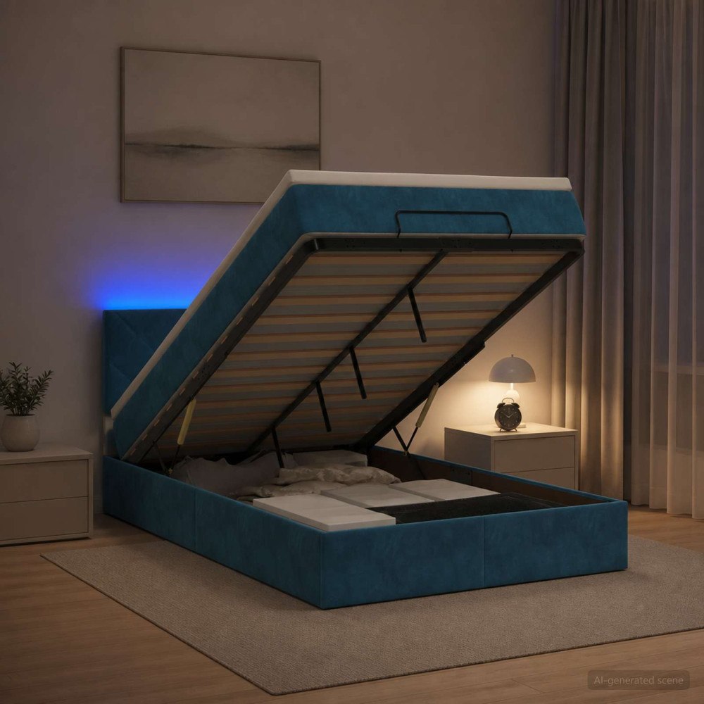 vidaXL Ottoman-säng med madrass och LED Mörkblå 120 x 190 cm Sammet
