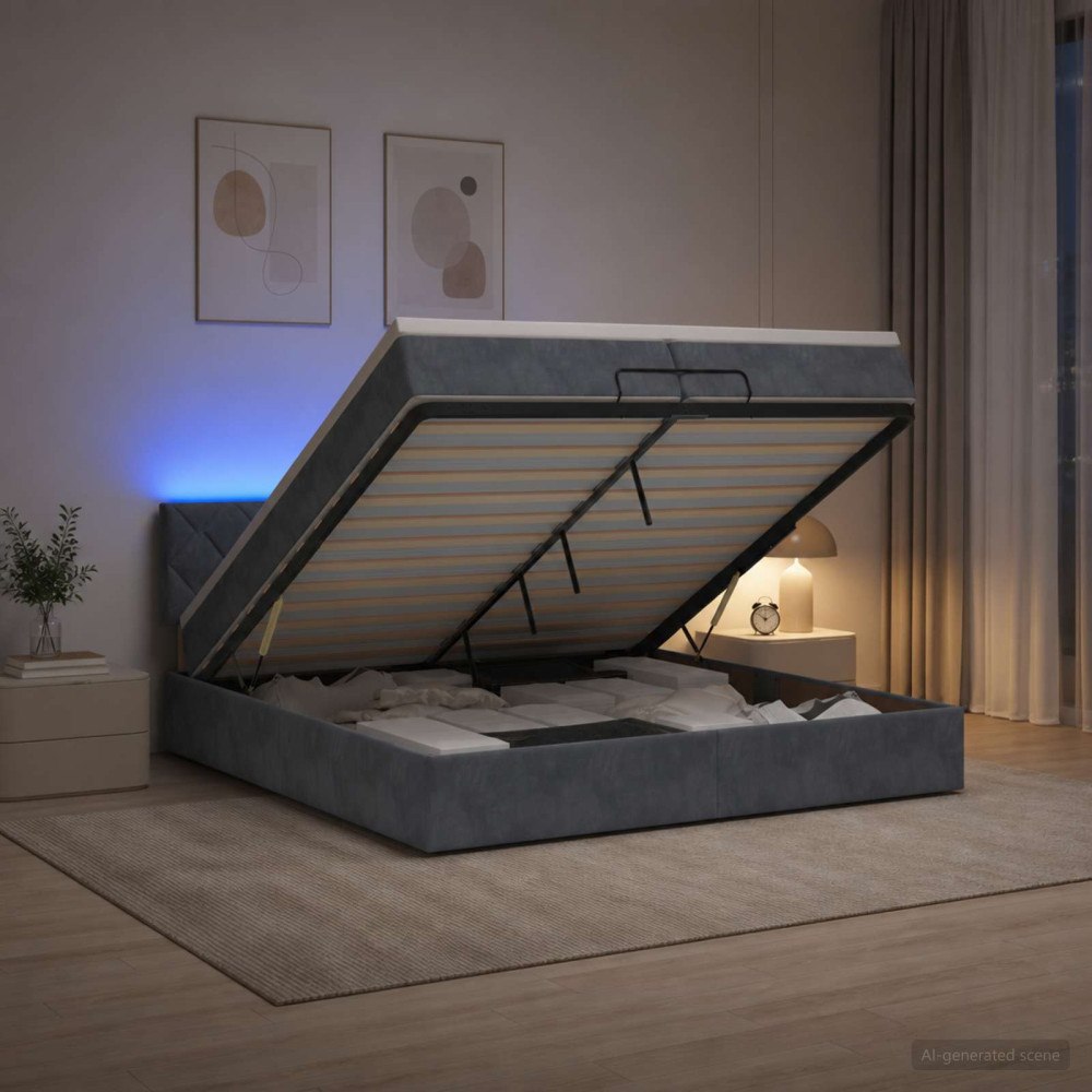 vidaXL Ottoman-säng med madrass och LED Mörkgrå 200 x 200 cm Sammet