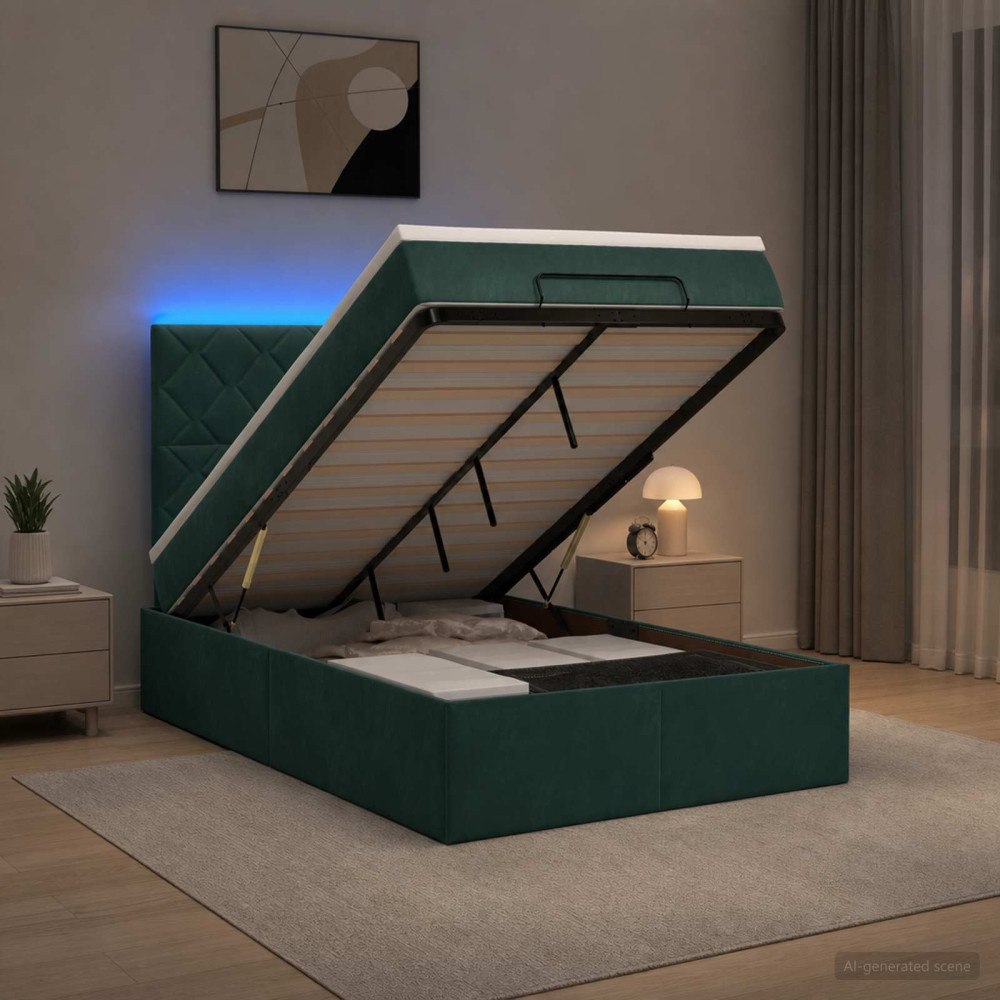 vidaXL Ottoman-säng med madrass och LED Mörkgrön 120 x 200 cm Sammet