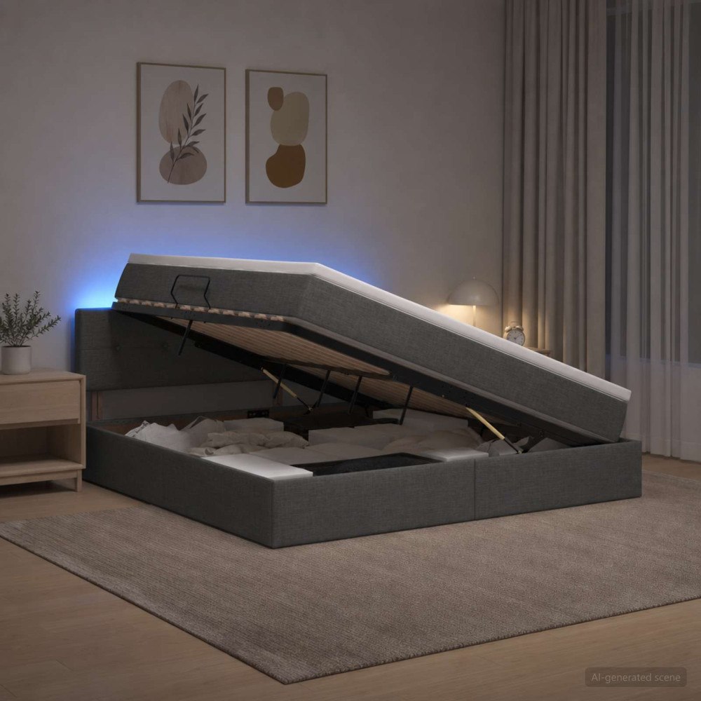 vidaXL LED förvaringssäng med madrass Mörkgrå 180 x 200 cm Tyg