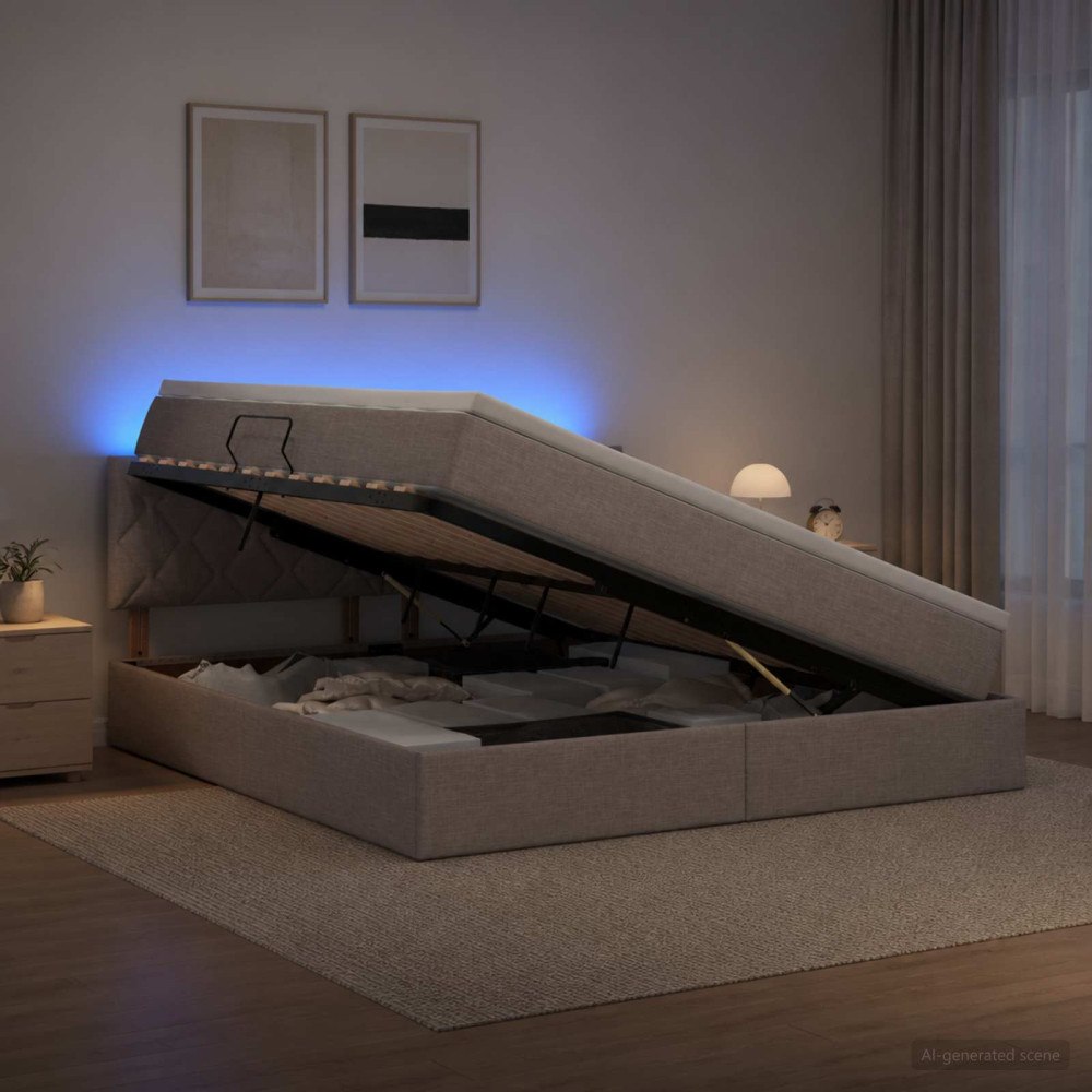 vidaXL LED förvaringssäng med madrass Taupe 160 x 200 cm Tyg