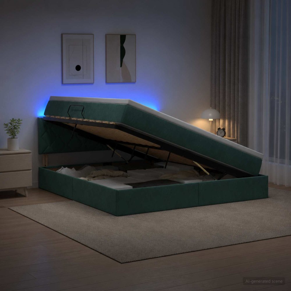 vidaXL LED förvaringssäng med madrass Mörkgrön 180 x 200 cm Sammet